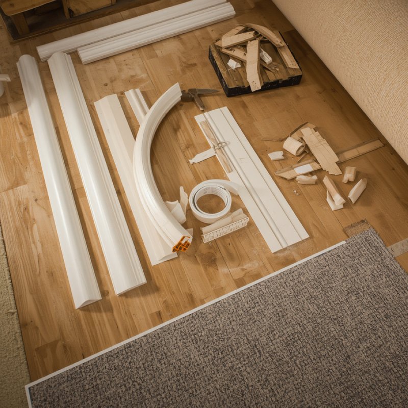 Collection of flooring supplies including baseboards, quarter-round molding, carpet tack strips, underpad, flooring adhesive glue, arranged together